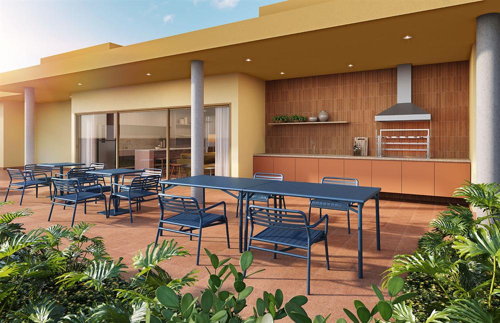 Espaço gourmet com churrasqueira no rooftop do Residencial Erê